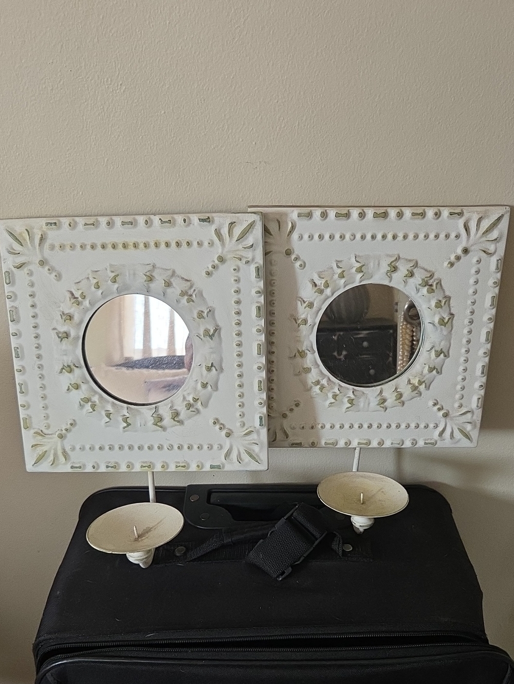 Hand Painted Decorative White Distressed Square Wall Mirrors with Candle Holders